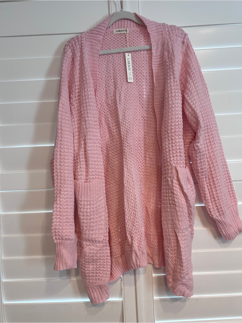 Larace Chunky Knit Open Weave Longline Cardigan Sweater Pink Size 2XL